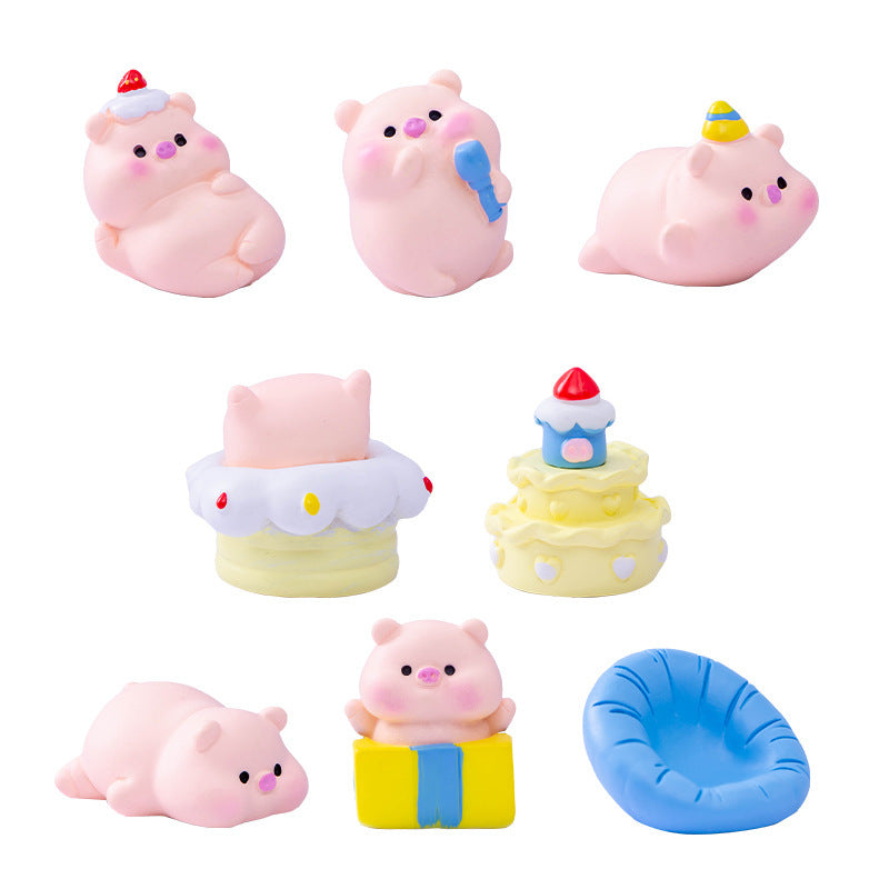 8pcs Miniature Landscape Ornament Cartoon Cute Birthday Party Little Pig Figurine Desktop Car Ornament Home Decor