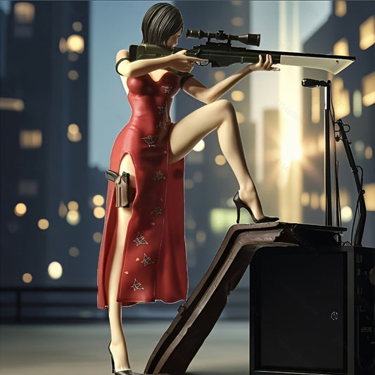 Vintage Anime Sniper Statue- Red and Black Dynamic Pose with Urban Landscape Background, Assassin Design Collectible Artwork Home and Car Decoration