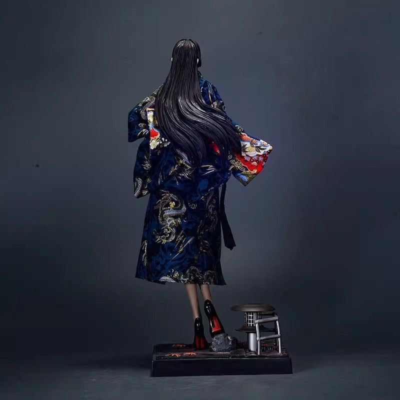 Anime Japanese Kimono Statue - PVC Collectible Figure with Black Cat & Traditional Furniture Base, Vibrant Blue & Golden Artwork, Detailed Home Decor Gift for Anime Fans (14+)