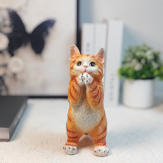[Resin Cat Statue] Adorable Resin Orange Tabby Cat Statue - Praying Kitten with Green Foliage | Indoor/Outdoor Garden Decor for Home Office, Cat Lover Gift, Rustic Animal Art Sculpture, Outdoor Yard Decoration | Detailed Fur Texture, Cat Decor