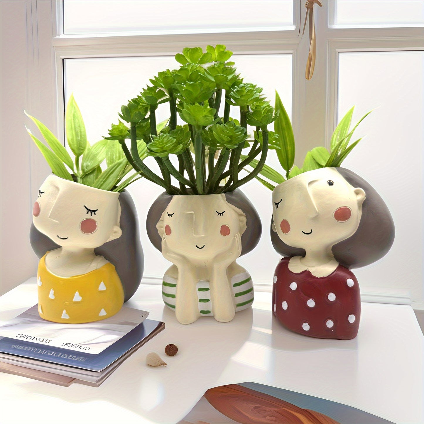 Small Fairy Head Planter, Succulent Pots, 3 Inches Girl Face Flower Pot Cute Resin Cactus Planters with Drainage Decorations, Gift for Women and Garden Decor