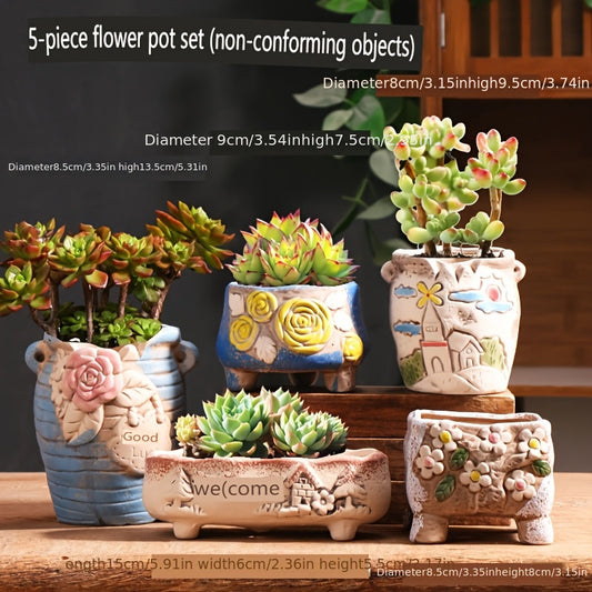 Succulent Ceramic Flowerpot Creative Succulent Plant Combination Set Breathable Retro Indoor Small Simple Coarse Ceramic Thumb Potted Plant Personality Special Price Processing New Wholesale