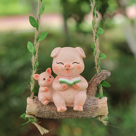 [Resin Piglet Figurine] Resin Piglet & Piglet Swing Figurine | Classic Garden Hanging Decor for Home, Patio, or Yard, Perfect Valentine's Day Gift, No Power Needed, Outdoor Decor