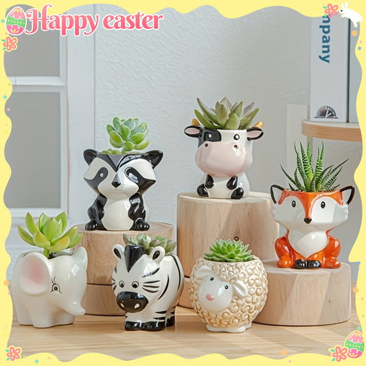 6-Pack Ceramic Animal Cartoon Plant Pots, Cute Succulent Planters with Drainage Hole, Lacquered Finish, Irregular Shape, Garden Style Tabletop Bonsai Trees Containers for Indoor and Outdoor Use