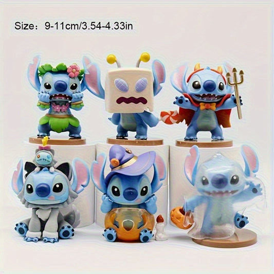 Disney Official 6pcs Stitch Figurine Set, Blue PVC Collectible, Cute Anime Model, Desktop& Car Decoration, Cake Topper, Christmas, Halloween, Birthday Gift