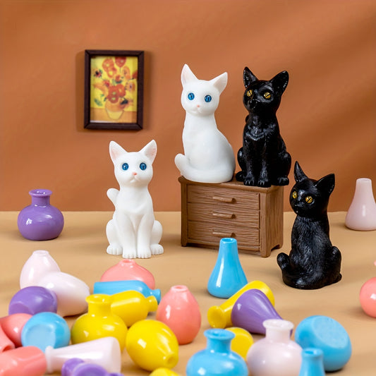 2/4pcs Mini Black and White Cat Statue - Resin Kitten Statue for Fairy Garden, Bonsai and Home Decoration - Perfect Christmas Gift