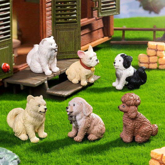 6pcs Miniature Dog Figurines - Chihuahua, Poodle, Samoyed, Pug & More, 6 Unique Breeds with Expressive Poses, Durable DIY Decor for Car Interiors, Home, Office, or Gift
