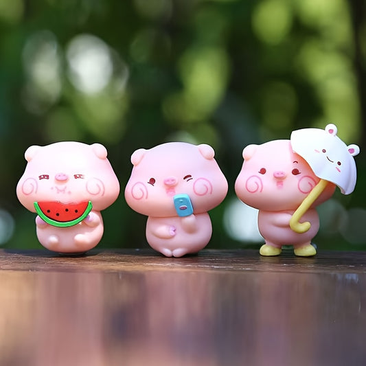 6pcs Bohemian Style Pink Pig Figurines - Hand-Painted Resin Decor with Fun Accessories: Umbrella, Watermelon & Lollipop for Home, Office, Car, and Holiday Decoration - No Electricity Needed