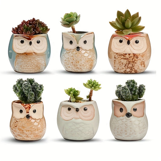 Owl Ceramic Succulent Planter With Drainage Hole 6pcs Set, Small Cute Plant Pot Plant Stand Container, Perfect For Home Office Decor Owl Gift Creative