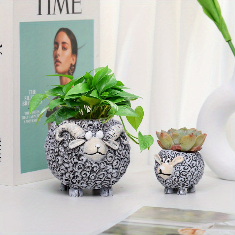 2pcs Fairyland Cartoon Sheep Resin Planters - Whimsical Animal Succulent Pots with Swirling Patterns, Lightweight Durable Indoor/Outdoor Garden Decor for Home, Patio, Yard, Patio Decoration, Playful Decor, Charming Craftsmanship, Textured Surface
