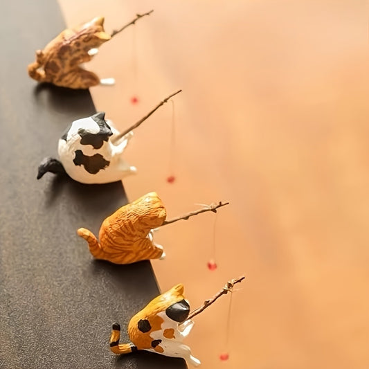 4-Pack Mini Cartoon Cat Fishing Statues - Resin Aquarium Decor, Versatile Indoor & Outdoor Home Decor, Desk Ornament, Fish Tank Landscape Accessories, No Electricity Needed