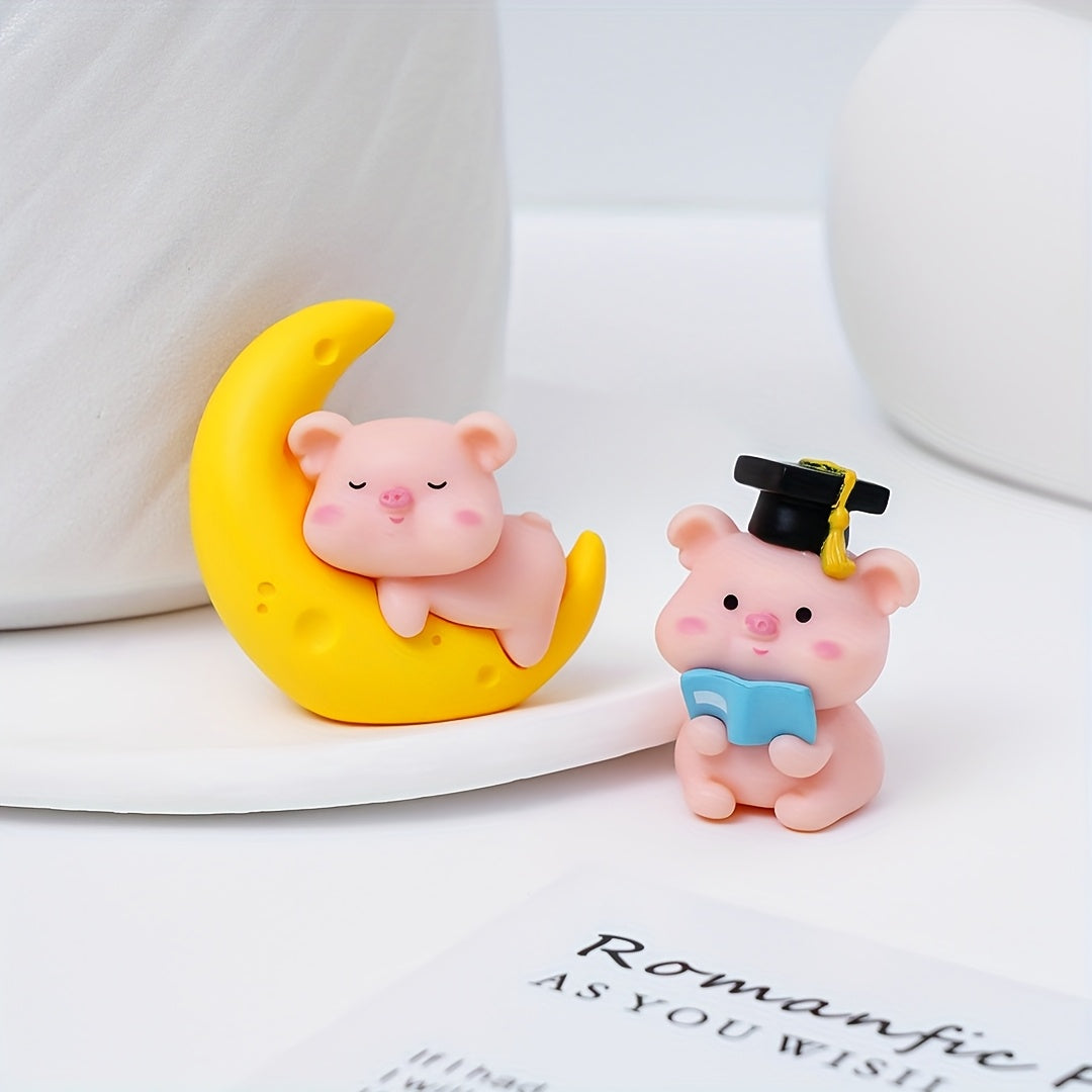 6pcs Creative DIY Pig Statue Decorations, Miniature PVC Cartoon Art Decor, Desktop and Car Display Micro Landscape Style, Suitable for Various Rooms and Fairy Garden Succulent Scenery Decoration Accessories