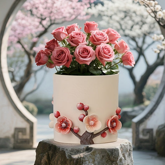 "Four Gentlemen" New Chinese Style Plum Flower Pot - Porcelain-Embedded Plum, Orchid, Bamboo & Chrysanthemum Design, Glossy Resin Circular Planter with Drainage Holes for Indoor/Outdoor Decor, Traditional Chinese Floral Art & Modern Home Decor
