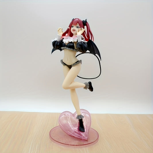 Cute Anime Character Collectible Statue with Pink Hair, Red Horns & Heart Base - Black & White Ruffled Outfit, Bat-Wing Accents, Exquisite Model Toy for Anime Fans, Anime Figurine, Display Piece, Detailed Sculpture, Decorative Figurament, Pop Culture Fan