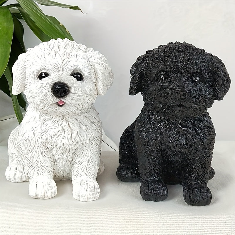 Adorable Poodle Puppy Statue in Black and White - Resin Material, Suitable for Home, Balcony, and Office Desk Decoration