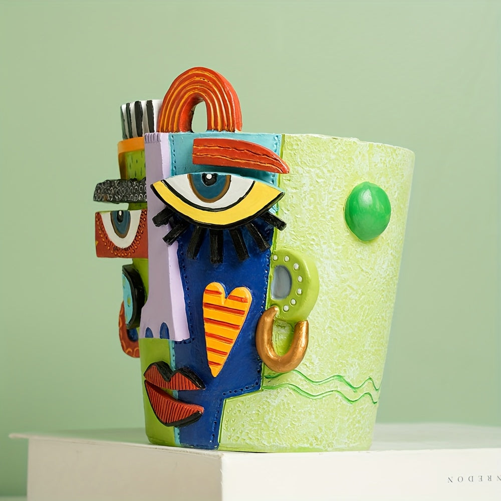 [Resin Planter] Large Green Resin Abstract Fauvist Beauty Face Planter | Lacquered Finish, Indoor & Outdoor Use, Perfect for Balcony or Garden Decor
