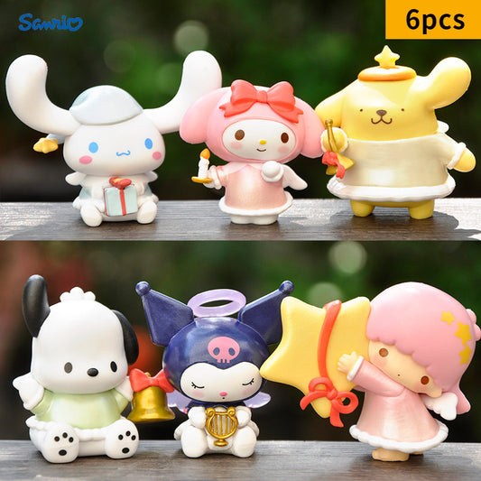 Sanrio Official 6pcs Cartoon Q Version Anime Model Set, Suitable for Hello Kitty, for Pompompurin, and for my melody, Cute Small Ornaments for Cars and Desktops