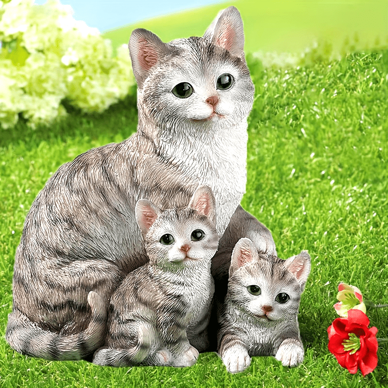 1pc, Resin Cat Garden Statue, Grey & White Mama Cat with Kittens, Decorative Outdoor Sculpture for Yard, Patio, Lawn, Mother's Day Gift, Artistic Animal Figurines, Waterproof & Sunproof, No Power Needed