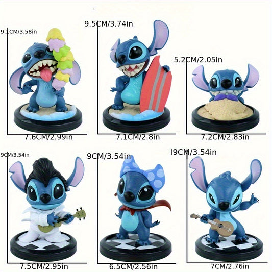 Disney Official Stitch Collection - 6pcs Hawaiian-Themed Figurines with Surfboard, Expressive Faces - Cute Desk Decor for Home, Office, Birthday, Valentine's Gift - No Assembly Needed (Official Disney Merchandise), Playful Desktop Statues, Vibrant Figuri
