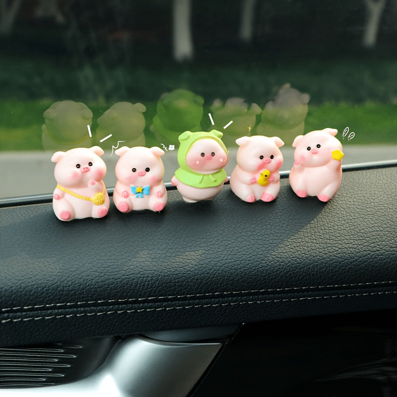 6pcs Cute Pig Dashboard Decor, Resin Craft Mini Pig Car Decor, Charming Car Interior Statuette for Central Console, Home Office Desktop and Fairy Garden Decor Accessories