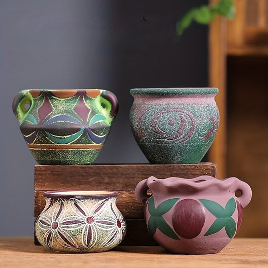 4pcs Retro Succulent Planter - Hand Painted Vintage Flower Pots for Home Garden Patio Decor