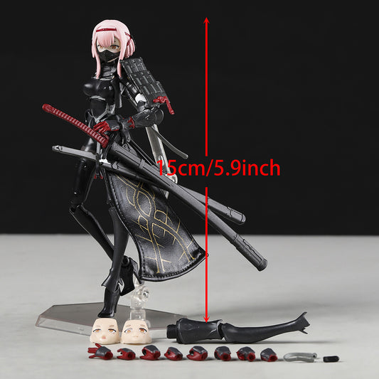 15cm/5.9inch Game Character Action Figure PVC Model Toy - Highly Detailed Collectible with Dynamic Pose, Red Eyes & Pink Hair, Black Armor & Golden Accents, Interchangeable Weapons, Display Base with Face Plates - Gift for Gamers & Collectors, Action Fig
