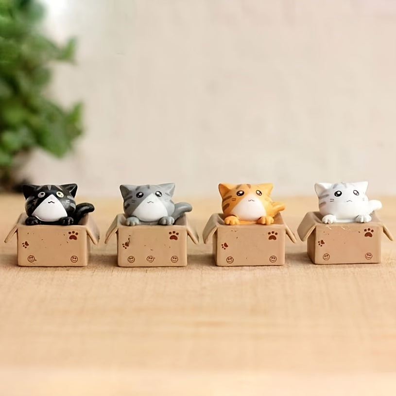 4pcs Classic Style Resin Cat in Box Figurines, Adorable Feline Paper Box Miniature Ornaments, for Desktop, Home Decor, Indoor Festive Decoration, Universal Holiday Gift, with No Electricity Required, Featherless