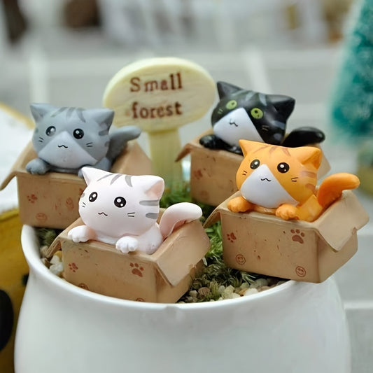 4pcs Classic Style Resin Cat in Box Figurines, Adorable Feline Paper Box Miniature Ornaments, for Desktop, Home Decor, Indoor Festive Decoration, Universal Holiday Gift, with No Electricity Required, Featherless
