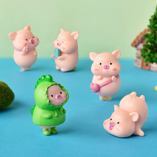 5pcs Cute Pig Figurines with Watermelon & Strawberry Accessories - PVC Miniature Decor for Car Dashboard, Desktop, DIY Crafts - Adorable Animal Ornaments for Home & Car Accessories, Desktop Ornaments, Whimsical Design, Glossy Finish