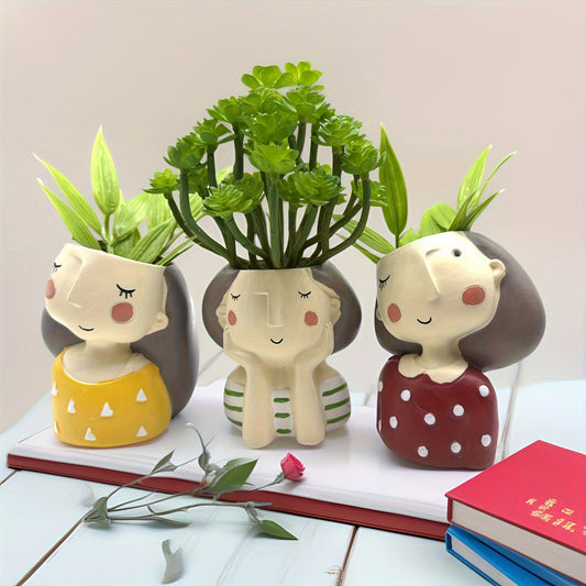 Small Fairy Head Planter, Succulent Pots, 3 Inches Girl Face Flower Pot Cute Resin Cactus Planters with Drainage Decorations, Gift for Women and Garden Decor