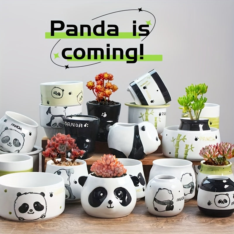1pc Hand-Painted Ceramic Planter with Cute Panda Design - Irregular Shape, Drainage Holes, Indoor/Outdoor Decor for Succulents, Cacti, Home, Office, Weddings & Parties, Indoor Plant Decor | Panda Themed Pottery | Ceramic Garden Pots, Panda Gifts