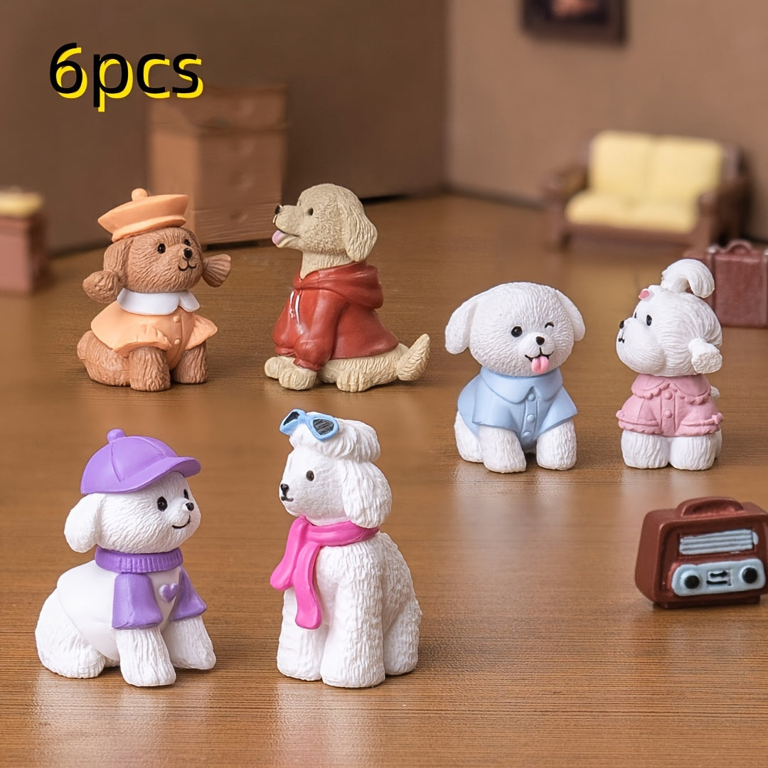 6pcs Miniature Cartoon Dog Figurines, PVC, Assorted House Styles, DIY Home & Kitchen Decor, Car Ornament, No Power Required, Festive Holiday Decor