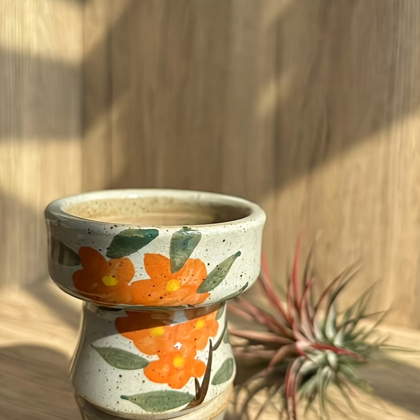 1pc Handmade Ceramic Succulent Planter with Vibrant Orange Flowers & Green Leaves - Indoor/Outdoor Use, Drainage Hole, Polished Finish, Ideal for Indoor Plants, Indoor Plant Pot | Vibrant Ceramic Pot | Durable Ceramic