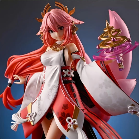 Anime Fairy Figure - Japanese Animation Collectible Doll with Pink Hair, Dynamic Pose & Floral Patterns - White & Red Kimono Design, Purple Base - Premium PVC Desk Decor for Anime Fans, Birthday or Christmas Gift for Girls & Women, Elegant Collectible St