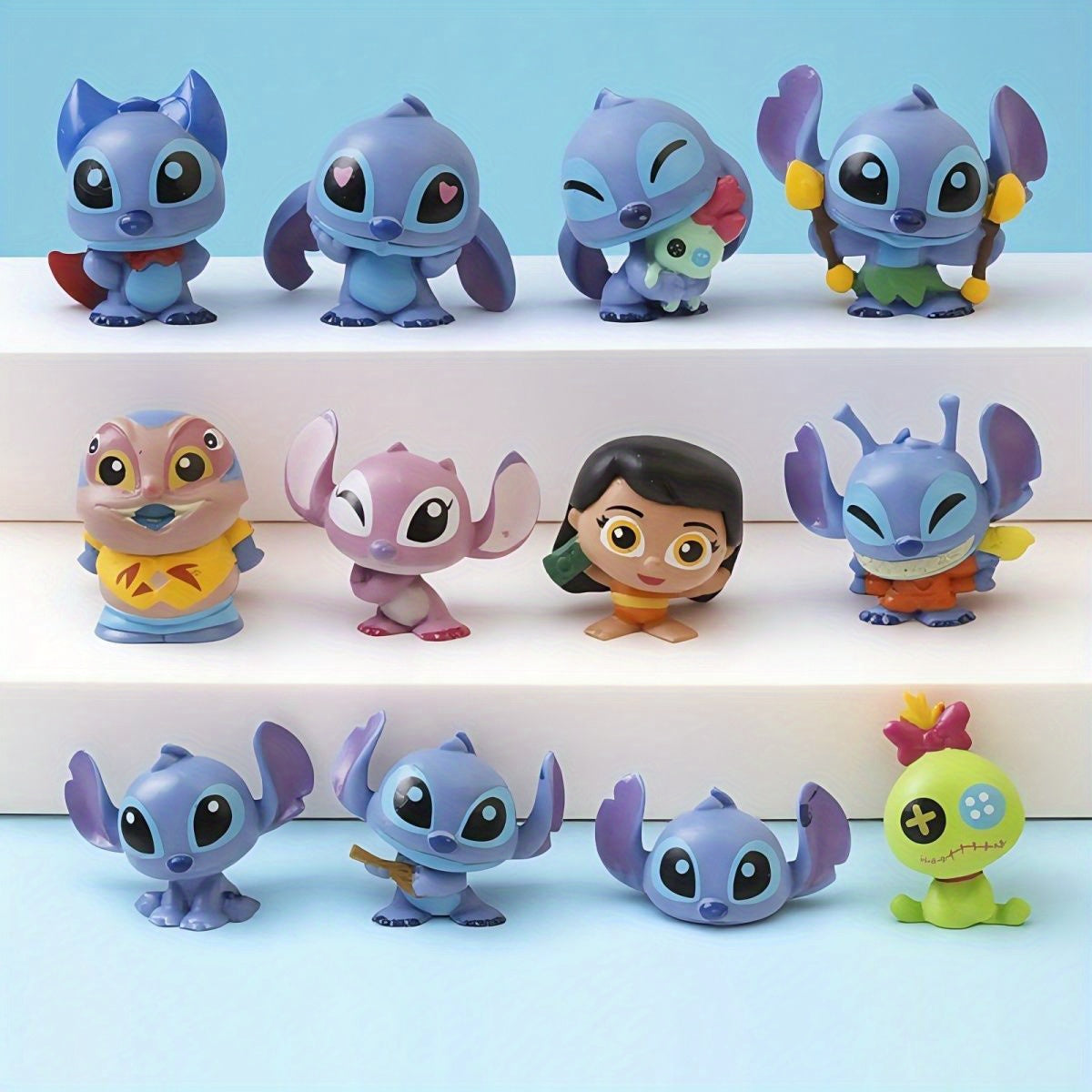 12pcs Disney Stitch figures, Lilo& Stitch car mounts, cake ornaments, cartoon models for Halloween and Christmas gifts