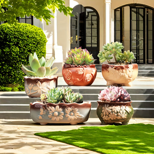 A Set of 5 Ceramic Succulent Plant Pots Featuring Garden-Style Floral Patterns with Drainage Holes, Suitable for Indoor And Outdoor Decoration. These Irregularly Shaped Plant Containers Are Perfect for Home, Office, Kitchen, And Garden Decor, Ideal for S