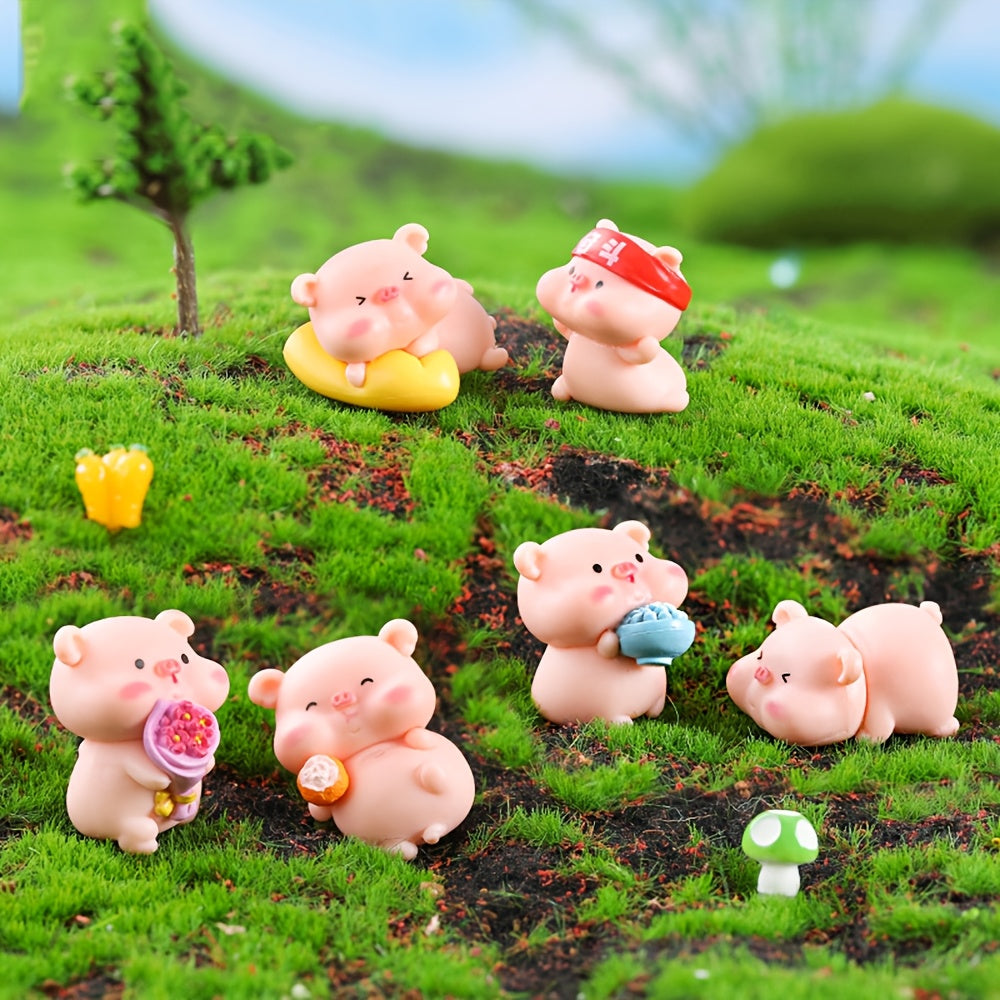 6pcs Kit Cute Cartoon Struggling Pig Naughty Pig Dumb Micro Landscape Ornament Plastic Accessories
