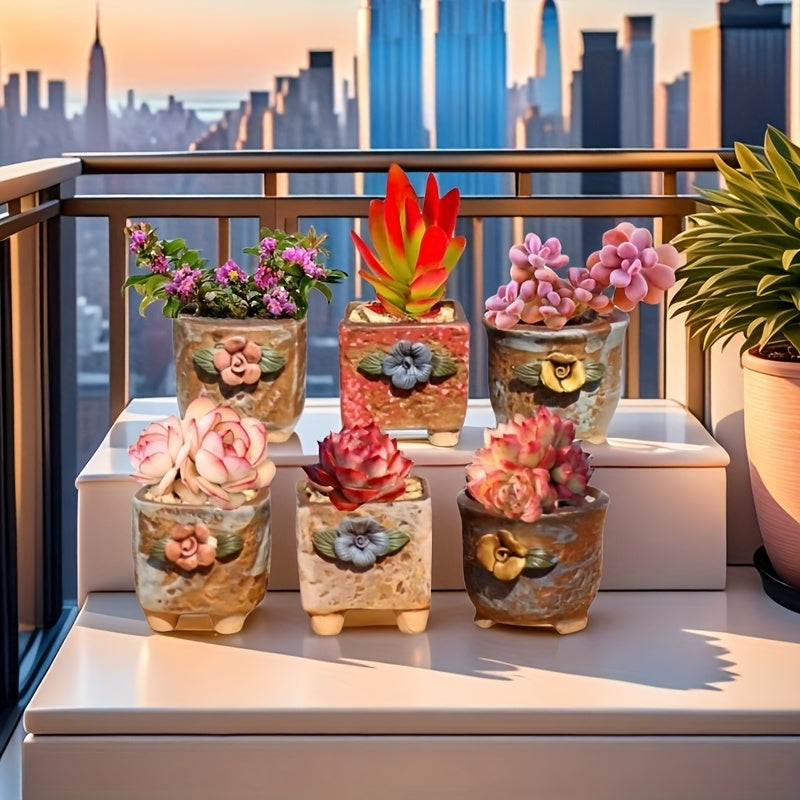 6pcs Set of Exquisite Squeeze Flower Thumb Pots, Suitable for Balcony, Window Sill, Tabletop Decoration, Spring and Summer Plant Containers with Drainage Holes, Breathable and Durable, Suitable for Succulents, Small Potted Plants, Creating a Delicate Des