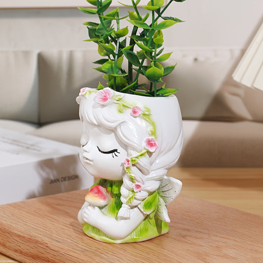 [Angel Girl Decor] 1pc Angel Girl Resin Vase Decor | Classic Home Decoration with Green Leaves & Pink Flowers, Handcrafted Base Design for Living Room, Bedroom, Office