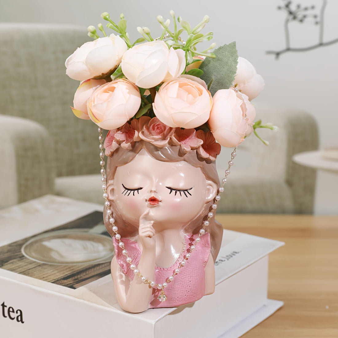 Elegant Resin Girl Planter Pot with Floral Crown Design, Decorative Figurine Vase for Indoor Plants and Flowers - Creative Tabletop Display Accessory