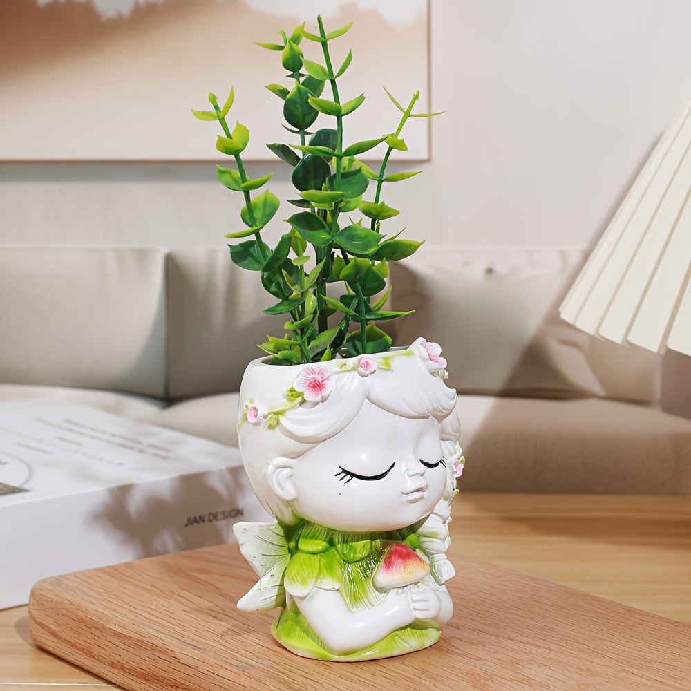 [Angel Girl Decor] 1pc Angel Girl Resin Vase Decor | Classic Home Decoration with Green Leaves & Pink Flowers, Handcrafted Base Design for Living Room, Bedroom, Office