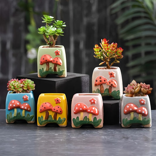 4pcs Whimsical Mushroom Ceramic Planters - Vibrant Colorful Design, Drainage Hole, Perfect for Indoor & Outdoor Decor on Windowsills, Balconies, Desks, and More, Plant Container|Whimsical Design|Lacquered Finis