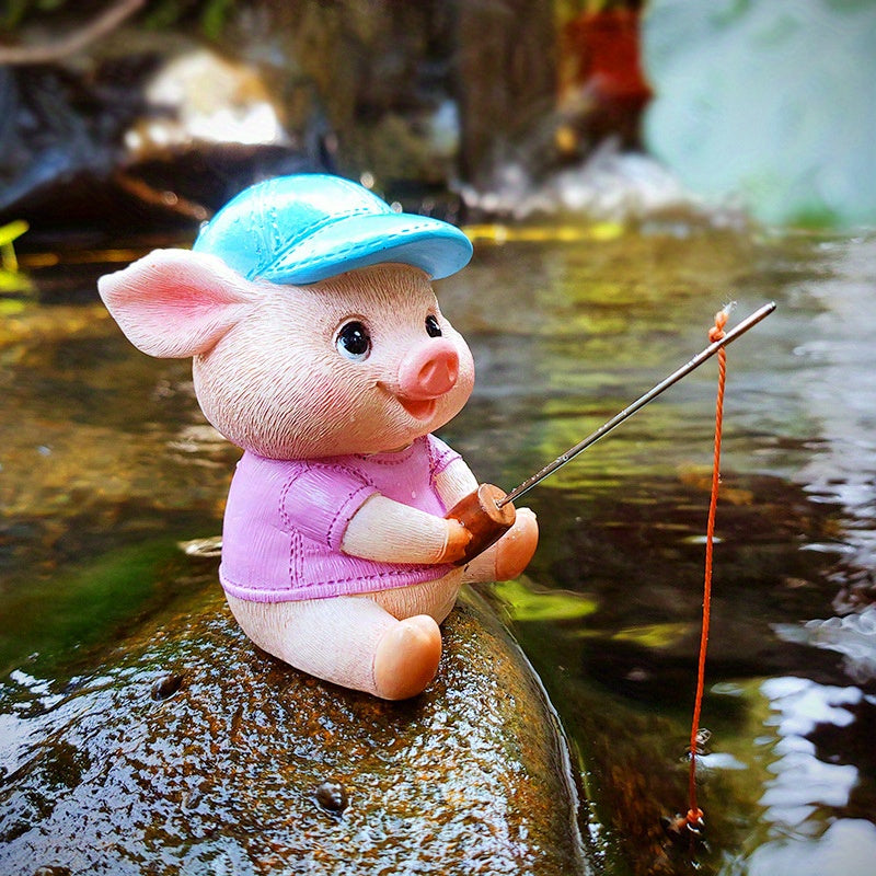 Cute Pig Fishing Figurine - Miniature Country Style Plastic Decor with Blue Cap & Pink Shirt, No Electricity Needed for Indoor/Outdoor Ponds, Aquariums, Christmas Gifts