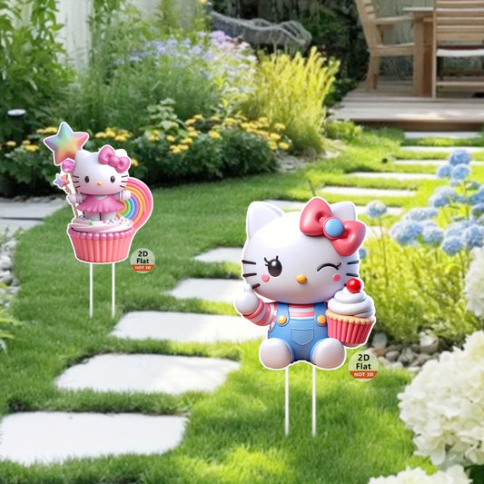 [2D Flat] 5pcs Sanrio for hello kitty 2D Flat Holiday Decorations - Festive Cat Figurines with Flowers, Cupcakes, and Star Wand - Plastic Garden Lawn Signs for Outdoor Seasonal Celebrations, Party Supplies|Playful Design|Durable Plastic, for Hello Kitty