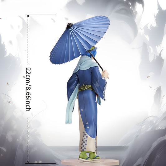 Handcrafted Anime Character Model Statue - 8.66 Inch Poseable Full-Body Collectible with Traditional Japanese Kimono, Blue & Purple Star Patterns, Parasol Accessory - Elegant Display Decor for Anime Fans, Game & Movie Collectors, Anime Figurine, Fan Merc