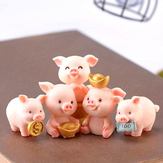 5pcs Set of Resin Lucky Pig Ornaments - Wealth Pig Mini Collectible Dolls, Thanksgiving Gifts, No Electricity Required, DIY Gardening And Succulent Micro Landscape Decoration, Car And Cake Ornaments