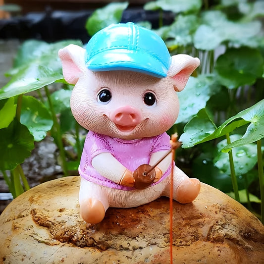 Whimsical Fishing Pig Figurine, Durable Resin, Hand-Painted Fantasy Themed Collectible, Weather-Resistant Outdoor Garden Decor, with No Electricity Needed, for Home & Various Room Types, Ideal for Christmas, Easter, Thanksgiving, Valentine'S Day, Graduat