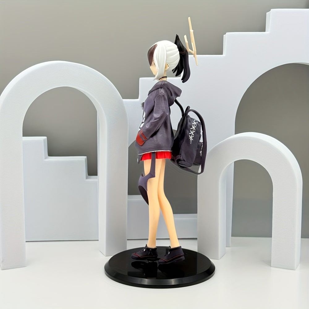 Anime Girl PVC Statue - White Hair & Red Eyes Casual Streetwear Collectible Figurine with Black & White Graphic Print, Durable Desk Decor for Anime Fans, Perfect Gift for Birthdays, Valentine's, Halloween