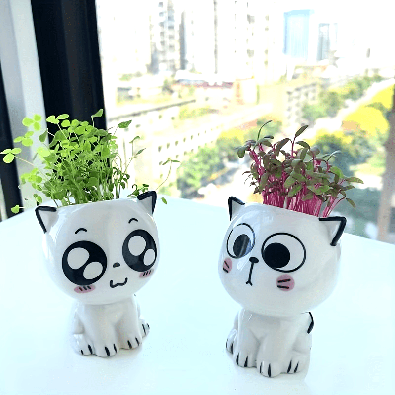 1pc, Ceramic Flowerpot Mini Cat Shaped Cartoon Cute Potted Plant Desktop Potted Cat Plant Pot DIY Desk Decorate Science Education School Gift