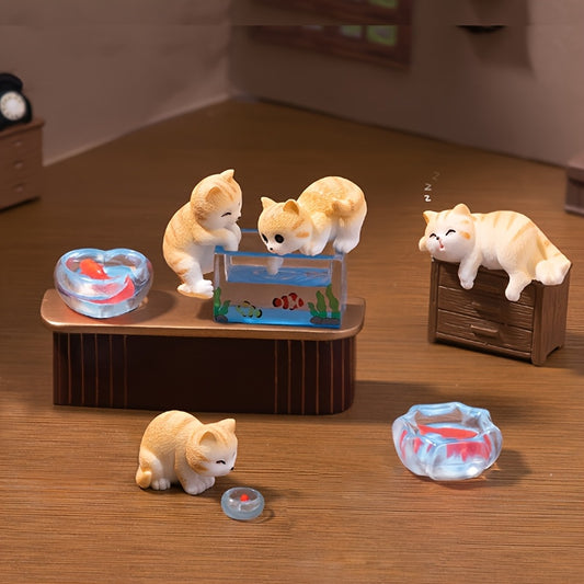 5pcs Resin Craft Cute Naughty Fishing Cat Figurine Desktop Statues, Micro Landscape Decorations - Home Decor - Garden Ornaments - Car Accessories - DIY Decoration Pieces, Holiday Gifts for Friends